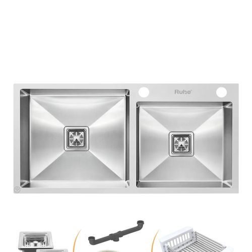 Ruhe Handmade Double Bowl with Tap Hole Kitchen Sink (37 x 18 x 10 Inches) SS 304