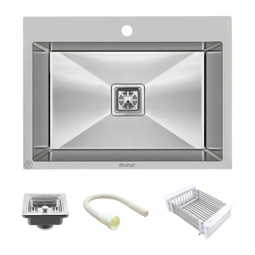 Ruhe Handmade Single Bowl with Tap Hole Kitchen Sink (24 x 18 x 10 Inches) SS 304
