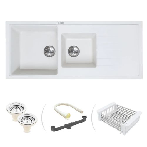 Ruhe Quartz Double Bowl with Drainboard Kitchen Sink (45 x 20 x 9 inches) Crystal White