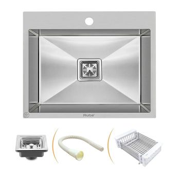 Ruhe Handmade Single Bowl with Tap Hole Kitchen Sink (20 x 17 x 10 Inches) SS 304