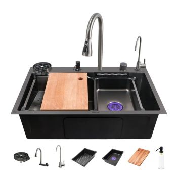 Ruhe Nano Black Smart Kitchen Sink - 30x18x9 Inch PVD Coated 304 Grade Stainless Steel Single Bowl, Scratch-Resistant Matte Finish
