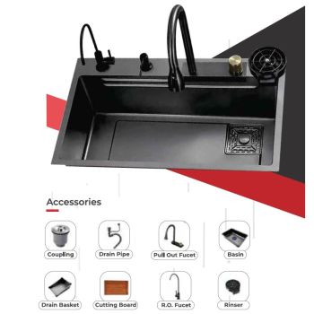 Futura Rainfall Kitchen Sink with Integrated Waterfalls, Pull-out Faucet & RO Tap (30 x 18 x 9 inches)