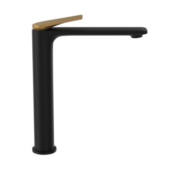 Jaquar Laguna Tall Boy Basin Mixer - Matte Black Body with Gold Matt PVD Lever, Single Lever Extended Faucet for Countertop Wash Basins
