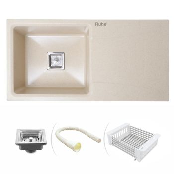 Ruhe Quartz Single Bowl with Drainboard Kitchen Sink (36 x 18 x 9 Inches) - Sand Choco