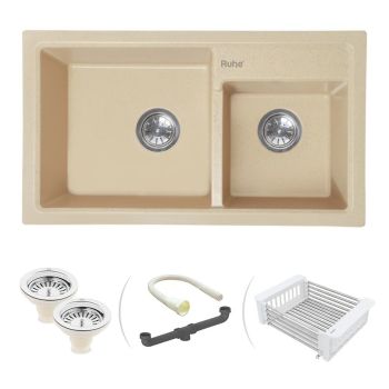 Ruhe Quartz Double Bowl Kitchen Sink (31 x 18 x 9 Inches) - Sand Choco