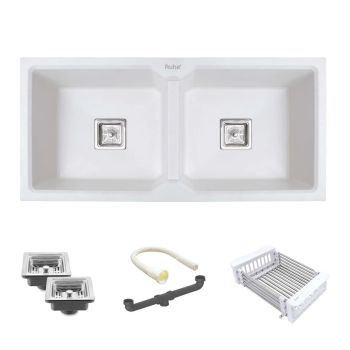 Ruhe Quartz Double Bowl Kitchen Sink (37 x 18 x 9 Inches) - Crystal White
