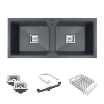 Ruhe Quartz Double Bowl Kitchen Sink (37 x 18 x 9 Inches) - Smoke Grey