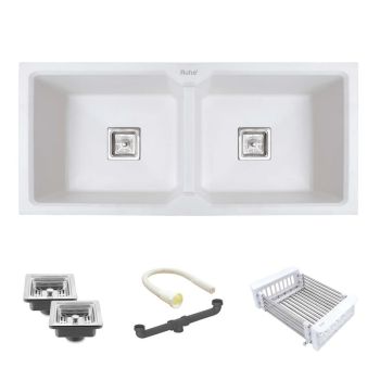 Ruhe Quartz Double Bowl Kitchen Sink (45 x 20 x 9 inches) - Crystal White