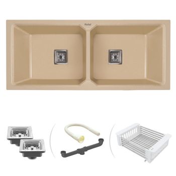 Ruhe Quartz Double Bowl Kitchen Sink (45 x 20 x 9 inches) - Sand Choco