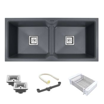 Ruhe Quartz Double Bowl Kitchen Sink (45 x 20 x 9 inches) - Smoke Grey