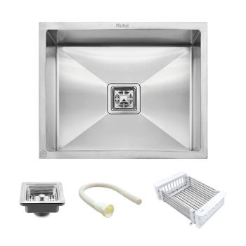 Ruhe Handmade Single Bowl Kitchen Sink 304 Grade (21 x 18 x 10 Inches) - Silver