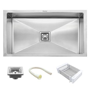 Ruhe Handmade Single Bowl Kitchen Sink 304 Grade (32 x 20 x 10 Inches) - Silver