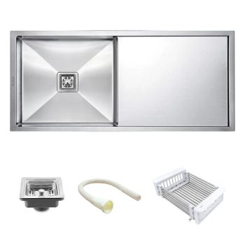 Ruhe 45x20x10 Inch Handmade Single Bowl Kitchen Sink with Drainboard - 304 Grade Stainless Steel, 1.2mm Thick Heavy Duty, Silver Satin Finish