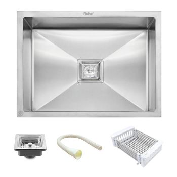 Ruhe Handmade Single Bowl Kitchen Sink 304 Grade (24 x 18 x 10 Inches) - Silver