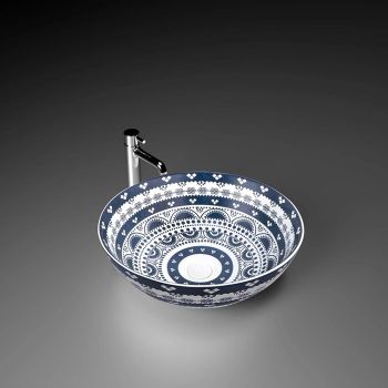 Ruhe Zine Table Top Wash Basin 16 x 16 x 6 inches White & Blue