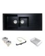 Ruhe Quartz Double Bowl with Drainboard Kitchen Sink (45 x 20 x 9 inches) Matte Black